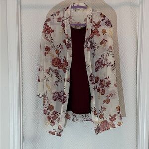 Wallflower Sheer Floral Kimono Jacket with Burgundy Tank